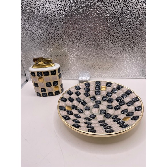 Other - Vtg‎ Mid Century Penguin Japan Mosaic Lighter and Ashtray Set Black White Gold